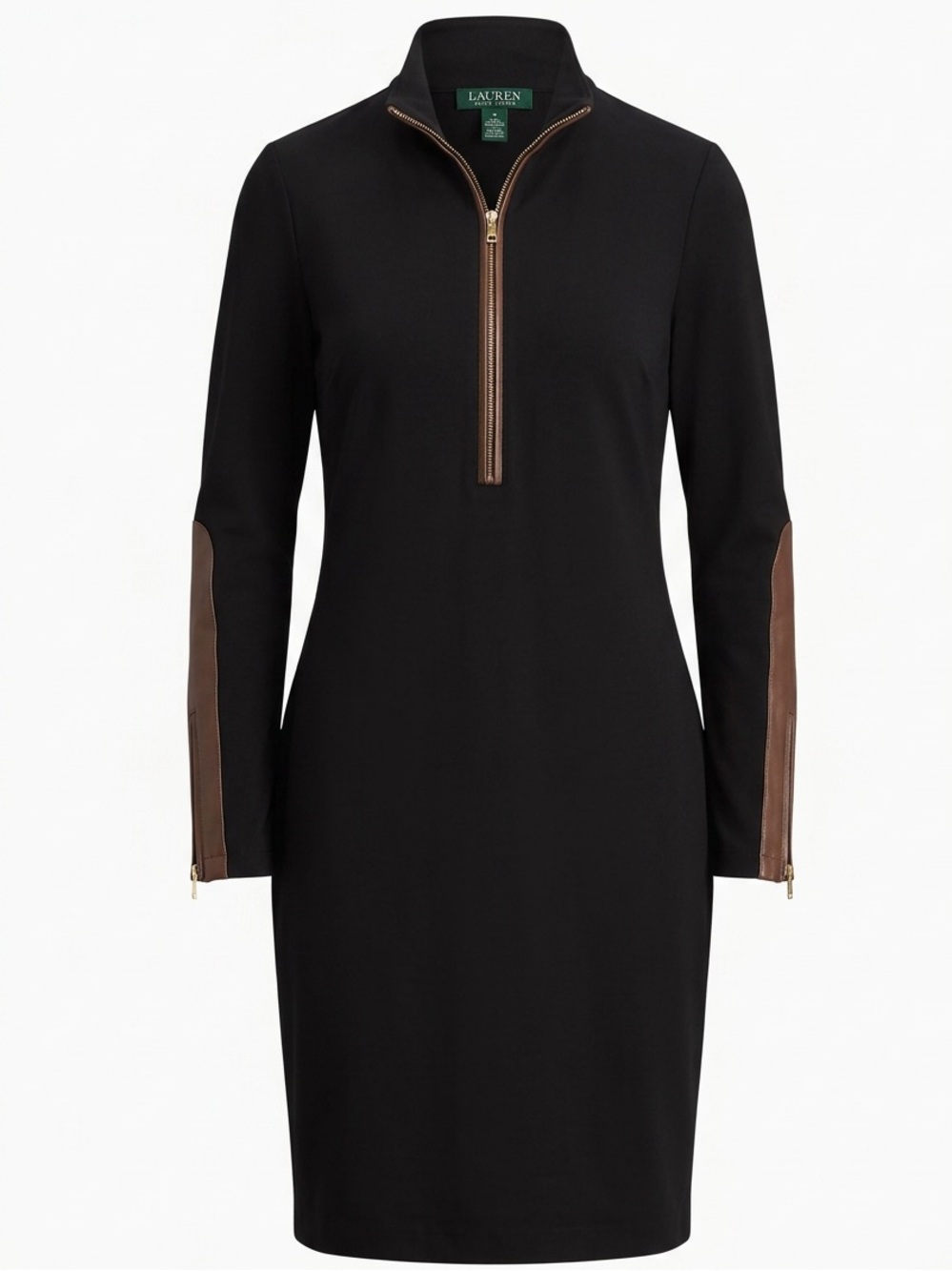 Ralph Lauren black leather patchwork quarter zip long sleeve dress vintage nwt